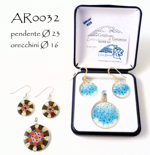 AR0032 SET ORECCHINI Ø16 PENDENTE Ø 23 ARG.925 MURRINA VETRO MURANO C/BOX