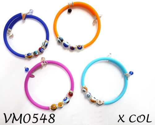 VM0548 BRACCIALE CAUCCIU COLORATO PERLE MOSAICO E STRASS VETRO DI MURANO